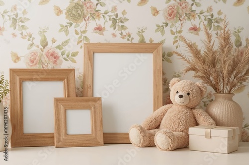 Wooden Picture Frames, a Storage Box, and a Plush Bear Displayed on a Surface
