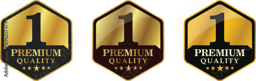 Top Quality Label No. 1, pentagon with vector label silhouette of number 1 in gold, bronze, and silver. Suitable for icons, logos, stickers, seals, badges, emblems, stamps, etc.