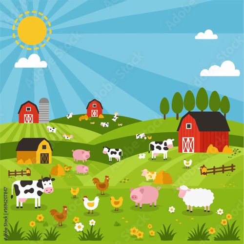 A vibrant cartoon illustration of a sunny farm scene with various farm animals, barns, and rolling green hills under a bright blue sky.