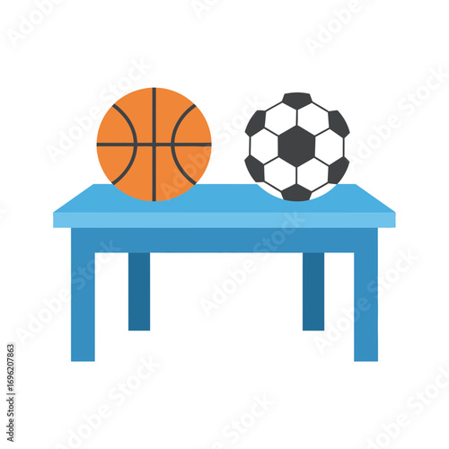 Basketball and soccer ball sit on a blue table against a white background.