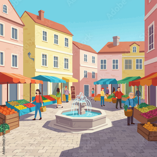 A vibrant outdoor market scene with colorful stalls, fresh produce, and people enjoying the bustling atmosphere.