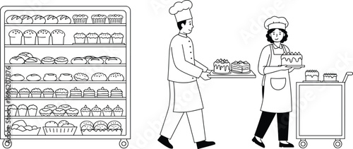 Black and white bakery shop illustration, bakers with cakes, bread display, pastries, muffins, bakery staff, dessert preparation, bakery products