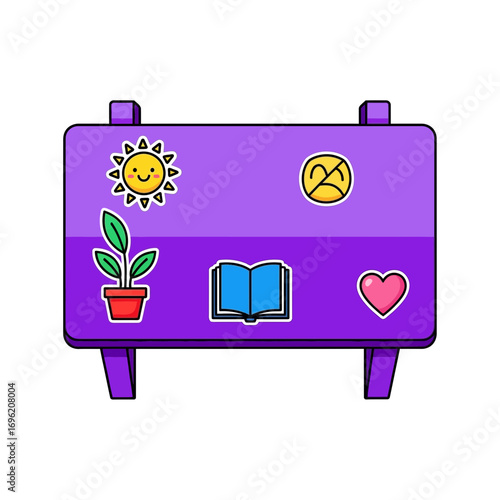 Purple rectangular object with stickers of sun plant book heart and other icons.
