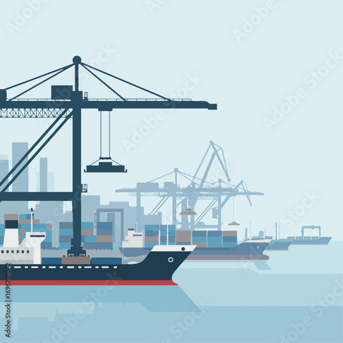 A busy shipping port with large cranes loading cargo onto container ships.