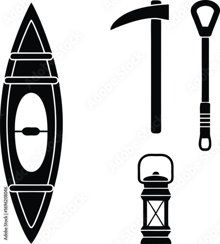 outdoor, adventure, and, mountain, expedition, equipment, silhouettes, including, a, kayak, pickaxe, oar, and, a, camping, lantern, vector