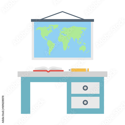 Desk with books and drawers under a world map poster on white.