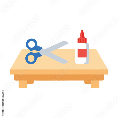 Scissors and glue bottle on a wooden surface craft supplies crafting hobby.