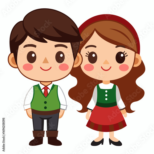 Adorable Cartoon Children in Traditional Costumes