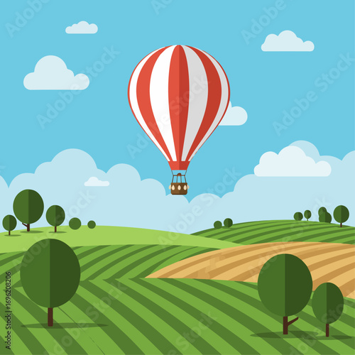 A vibrant hot air balloon floats serenely over rolling green hills and patchwork fields under a clear blue sky with fluffy white clouds.