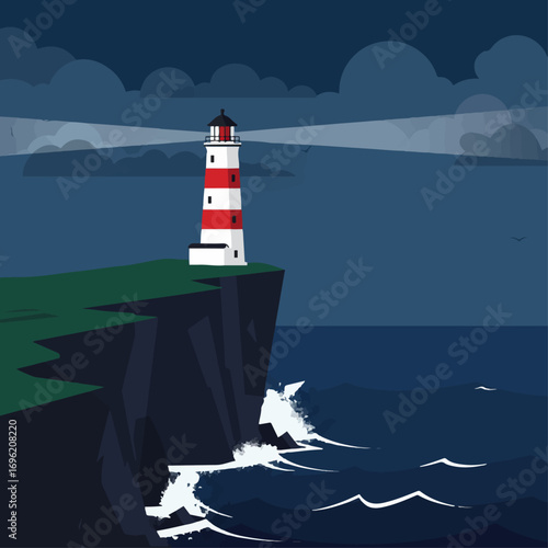 A tall, red and white striped lighthouse stands on a cliff overlooking a dark, stormy sea at night.