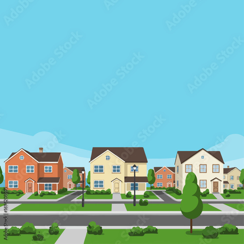 A suburban street lined with colorful houses, green lawns, and trees under a clear blue sky.