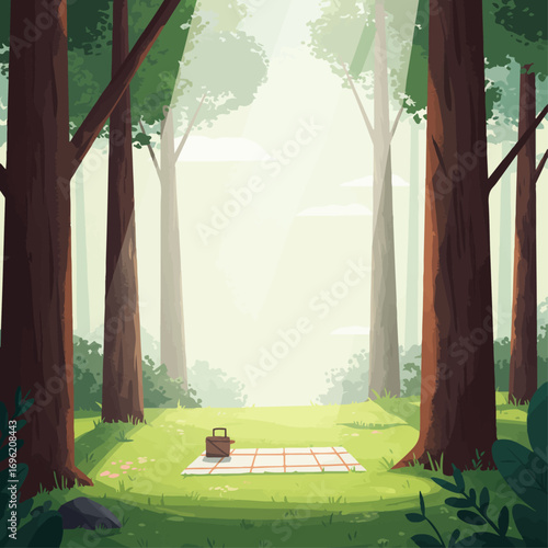 A serene forest clearing bathed in soft sunlight, with a picnic blanket and basket set up for a peaceful outdoor meal.