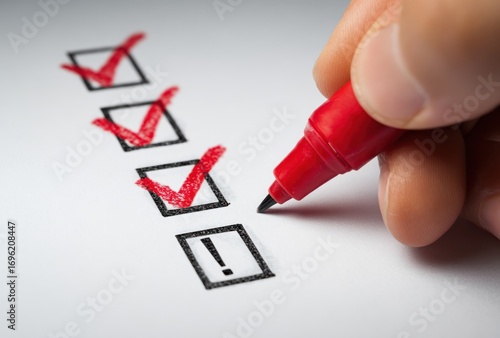 Hand with red marker marking checklist on white paper, three boxes checked, exclamation point