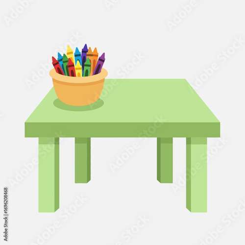 Green table with a yellow pot filled with colorful crayons on top.