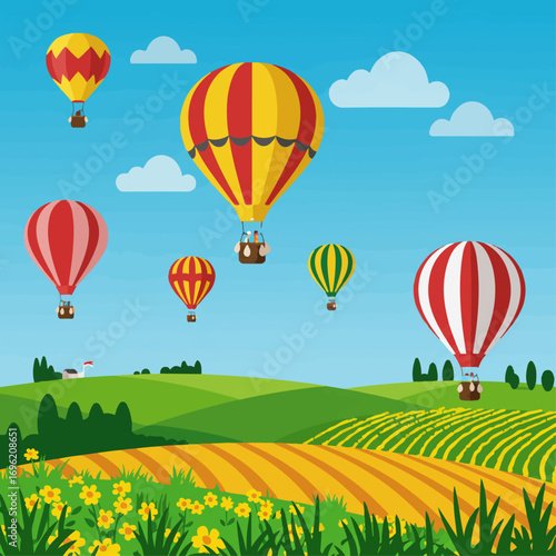 A vibrant illustration of hot air balloons floating over a picturesque countryside landscape.