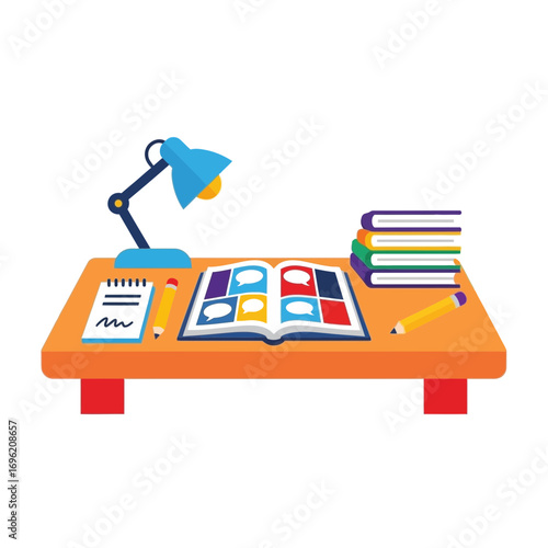Orange desk with open book lamp calculator books and pencil on white.
