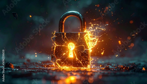 Fiery Destruction A Shattered Lock, Symbolizing Broken Security and Vulnerability