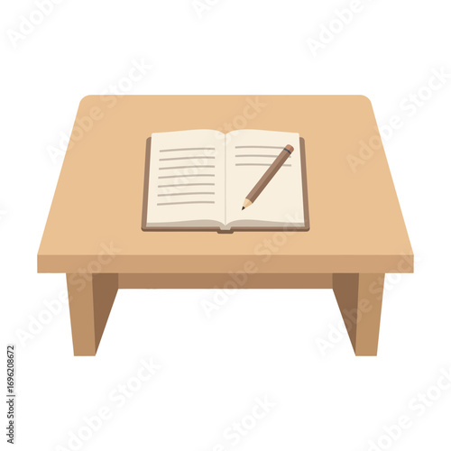 A book and pencil are on a small light brown wooden table.