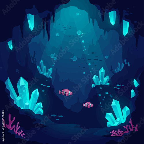 An underwater cave filled with glowing blue crystals and small fish swimming in the deep blue water.