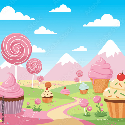 A whimsical candy land landscape with pink cupcakes, lollipops, and ice cream cones under a bright blue sky with fluffy clouds and snow-capped mountains.