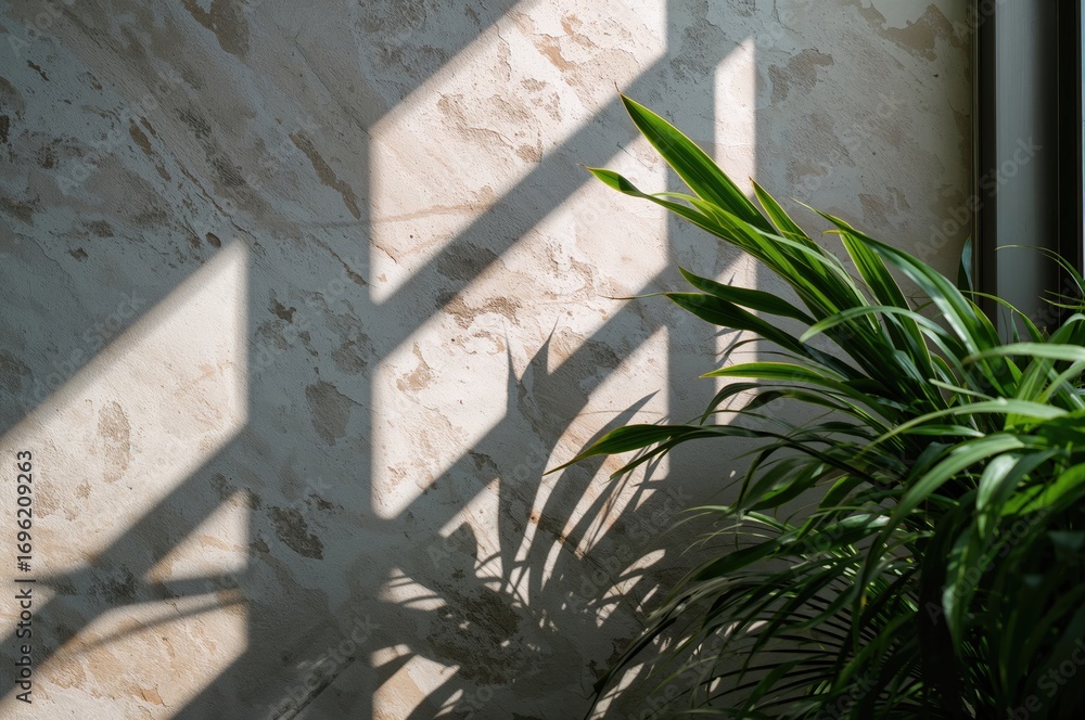 Obraz premium A cement barrier shaded by foliage with sunlight streaming through a window ledge
