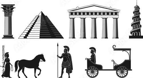 Ancient architecture illustrations, Roman soldier, Greek temple, pyramid, historical column, warrior, chariot, vector art, black and white design