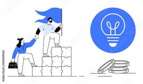 Two people climbing puzzle blocks, symbolizing teamwork. One holding a flag, showcasing leadership. A lightbulb denotes creativity and stacked coins represent financial growth. Ideal for teamwork