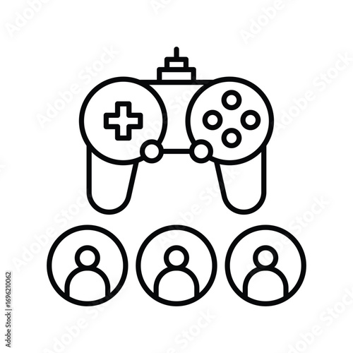 An illustration showing a video game controller above three circles depicting stickfigurelike people. Editable stroke icon