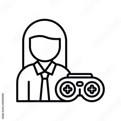 A minimalist icon displays a person in a collared shirt with a game controller beside them. Editable stroke icon