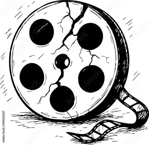 television job loss concept. Broken film reel with a strip of film extending from it.