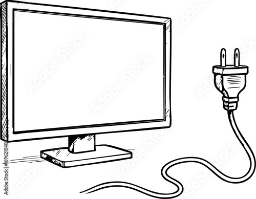television job loss concept. Computer monitor with power cord illustration.