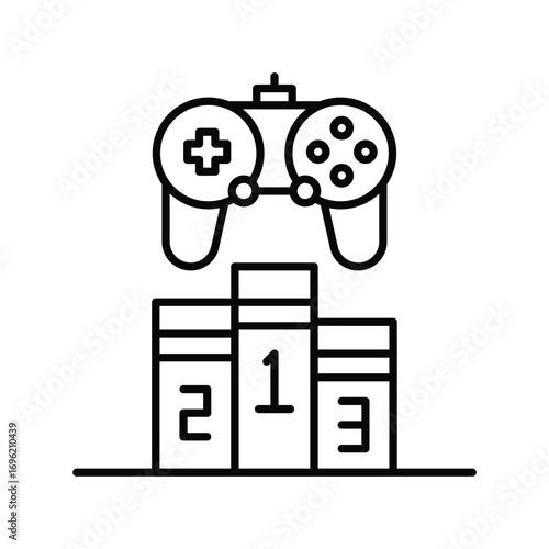 A podium with the numbers 1 2 and 3 topped by a gamepad. Editable stroke icon