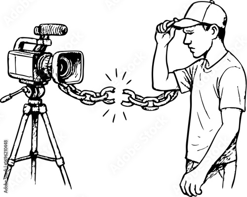 television job loss concept. A person interacts with a chained video camera, symbolizing restriction.