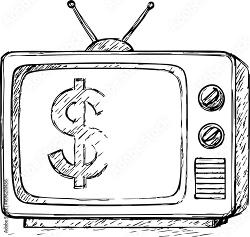 television job loss concept. Sketch of a TV displaying a dollar sign symbolizing money.