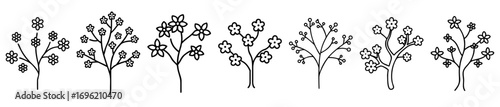 Set of seven different simple cartoon doodle floral trees and branches