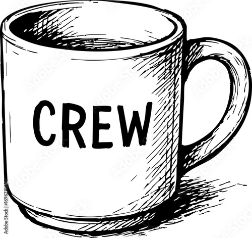 television job loss concept. Hand-drawn mug illustration with "CREW" text.