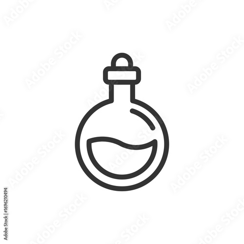 A roundbottomed flask partially filled with liquid and sealed with a stopper is depicted as a simple line drawing. Editable stroke icon