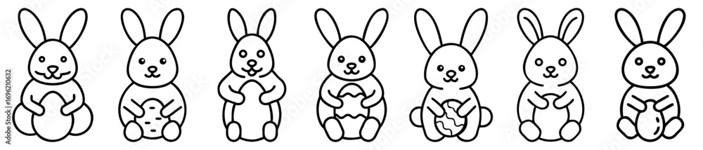 Obraz premium Variety of six cartoon rabbits with Easter eggs in simple line drawing