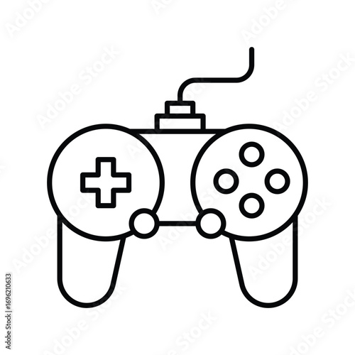 A simplified blackandwhite graphic of a wired gamepad controller. Editable stroke icon