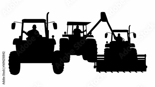 Silhouette depiction of three tractors with drivers visible in the cabs against a white background