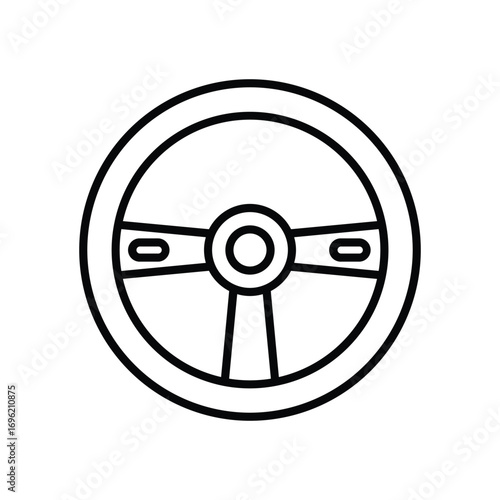 A steering wheel depicted with a round rim and central hub is defined by black outlines. Editable stroke icon