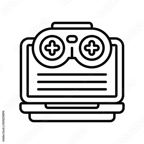 A stylized blackandwhite icon of a laptop computer with a game controller on top. Editable stroke icon