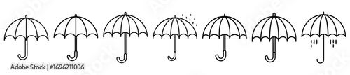 Black and white image showcasing seven umbrellas with a weather theme