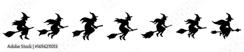 Collection of Silhouetted Witches Flying on Broomsticks Against a White Background