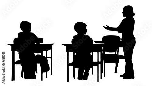 Silhouette of teacher standing and gesturing towards students sitting at desks in a classroom setting black and white