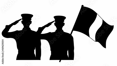 Silhouette of two soldiers saluting with a waving flag in black and white illustration style image