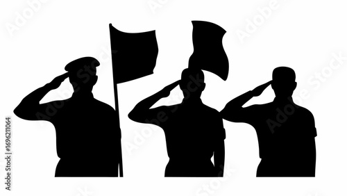 Silhouettes of three soldiers saluting with flags in the background against a white color background