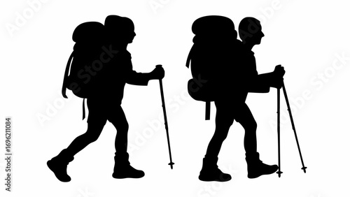Two hikers silhouettes with backpacks and trekking poles walking on a white background in side view