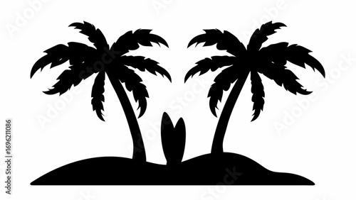 Silhouette of two palm trees and a surfboard on an island in black and white simple beach scene design