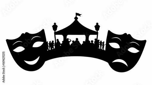 Silhouette of theater masks flanking a crowd of people under a tent with street lamps and a flag